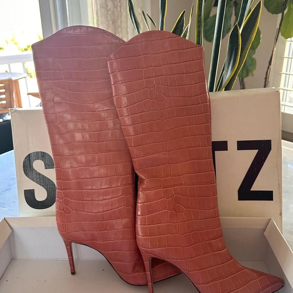 SCHUTZ Women's Croc-Embossed Coral Heeled Boots - Picture 6 of 9